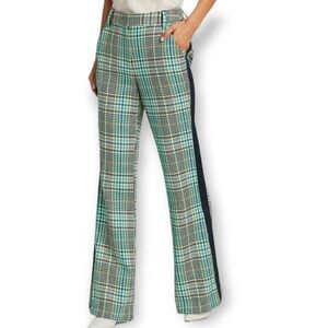 Tanya Taylor Fallon Green Houndstooth Plaid High Rise Semi Flare Pants Size 2
